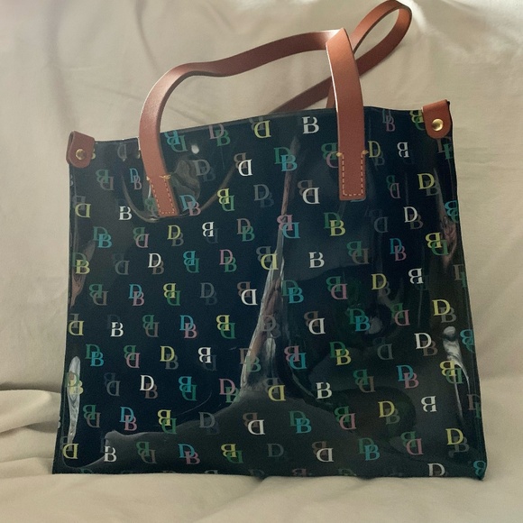 Dooney & Bourke black vinyl medium shopper tote with multi color DB logo print - Picture 1 of 7